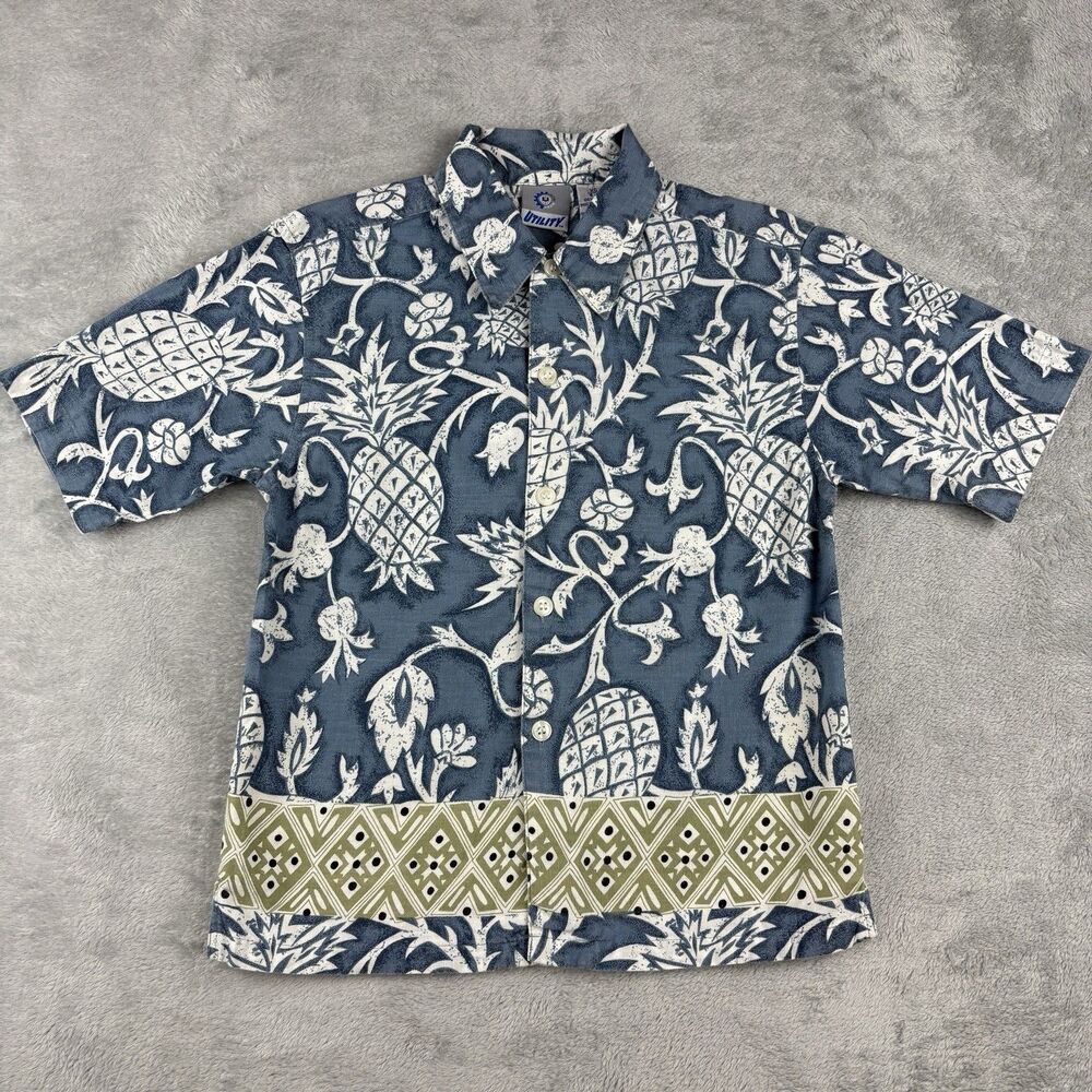 Vintage Y2K Utility Brand Button Up Shirt Boys XS Size 4/5 Blue Hawaiian Casual